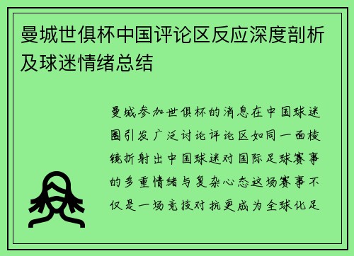曼城世俱杯中国评论区反应深度剖析及球迷情绪总结