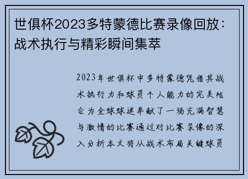 世俱杯2023多特蒙德比赛录像回放：战术执行与精彩瞬间集萃