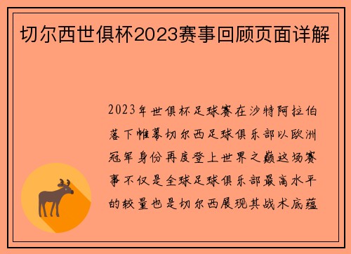 切尔西世俱杯2023赛事回顾页面详解