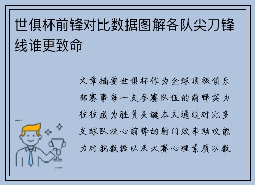 世俱杯前锋对比数据图解各队尖刀锋线谁更致命